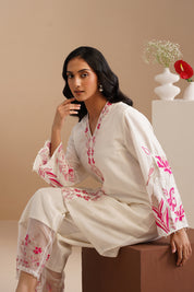 V-neck Embellished Bell Sleeve Kurta with Embroidered Pants