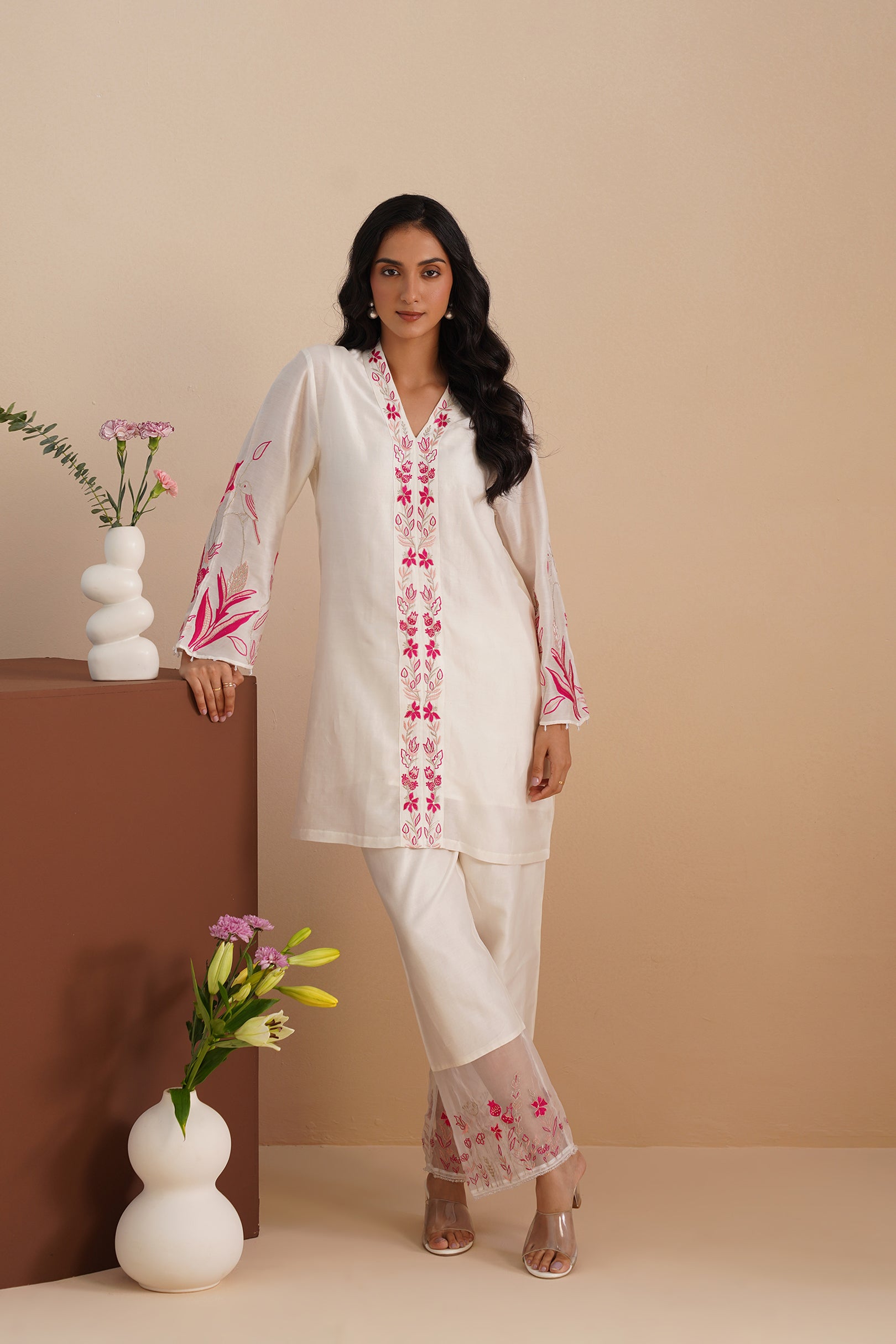 V-neck Embellished Bell Sleeve Kurta with Embroidered Pants