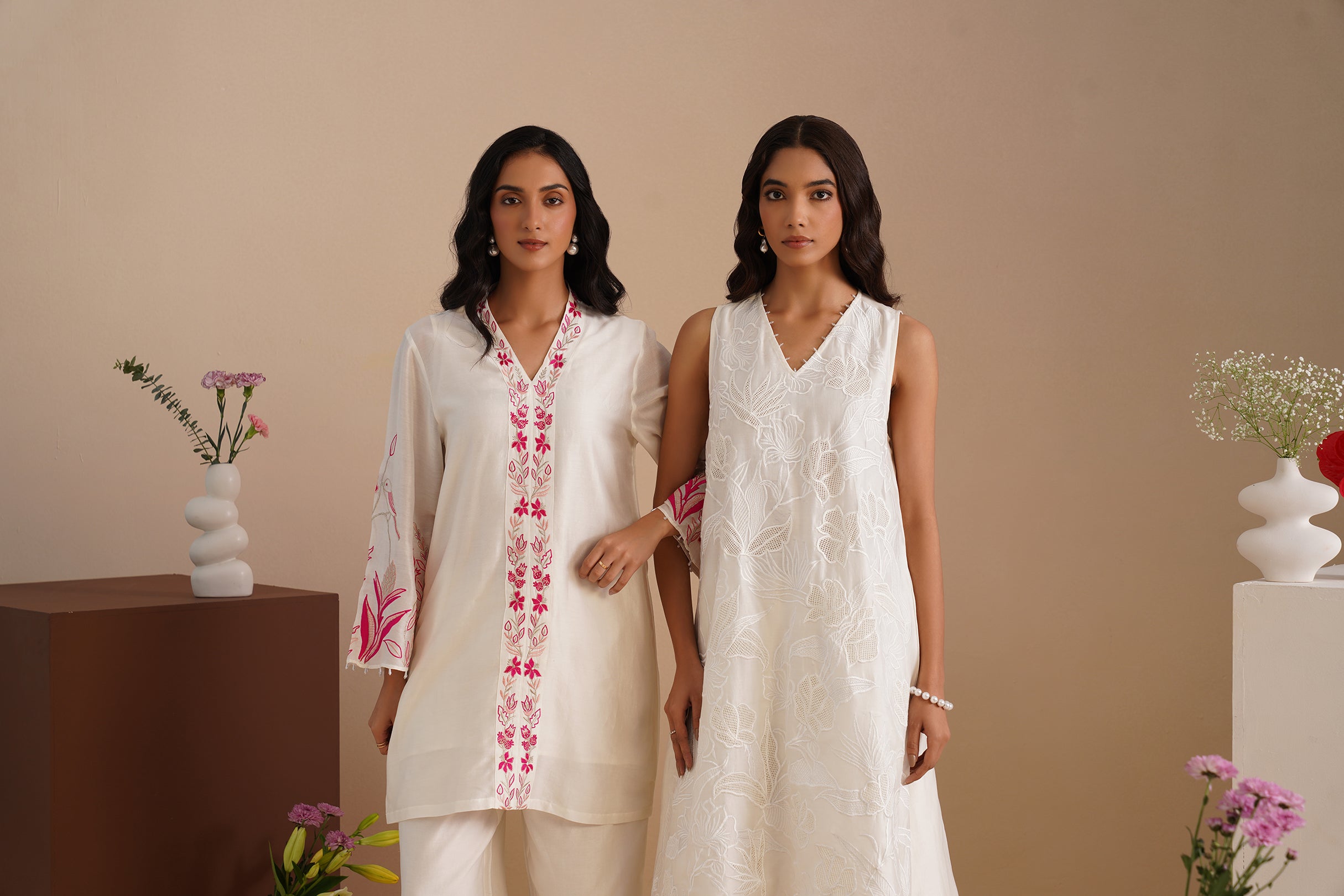 V-neck Embellished Bell Sleeve Kurta with Embroidered Pants