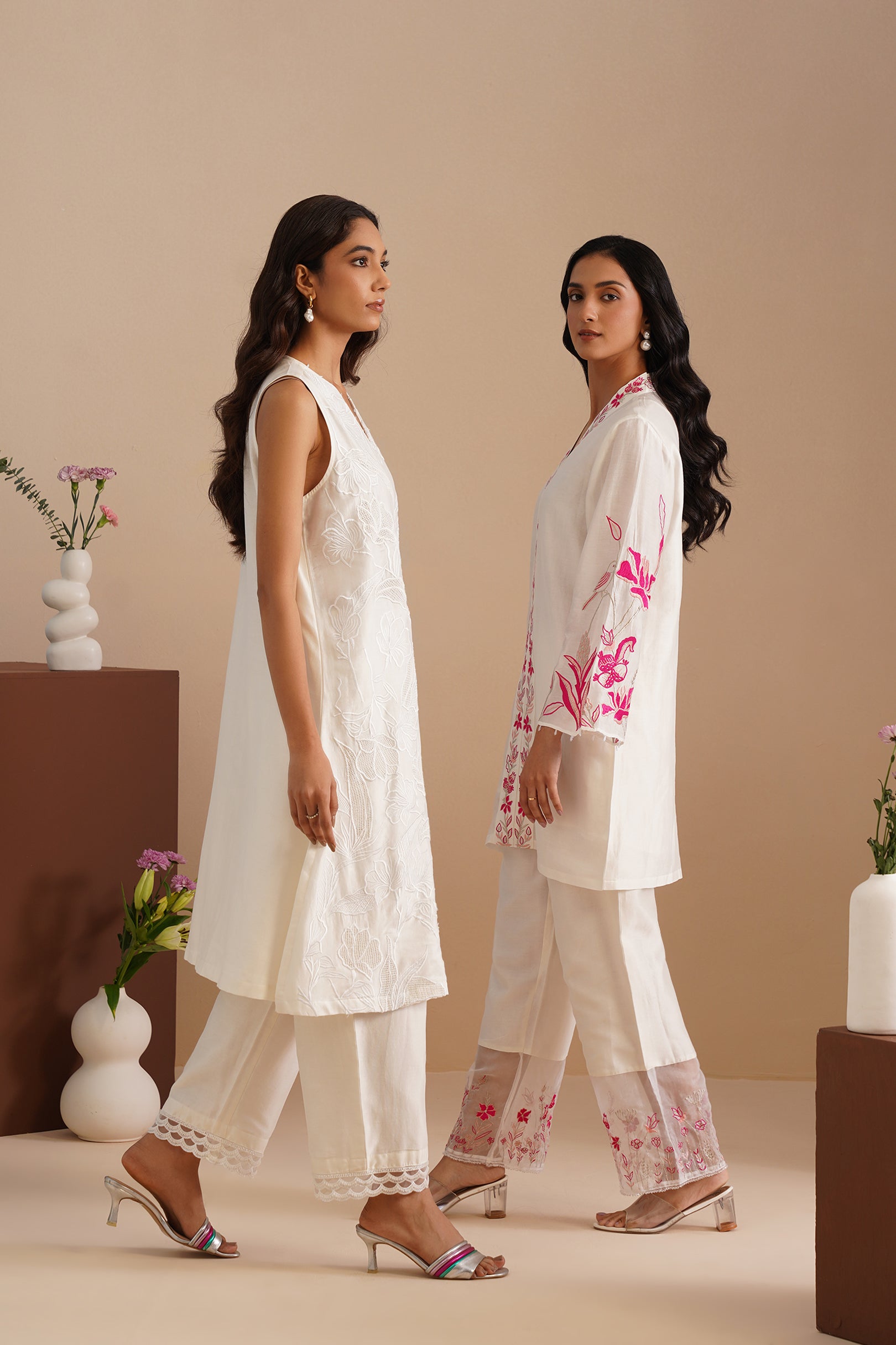 V-neck Embellished Bell Sleeve Kurta with Embroidered Pants