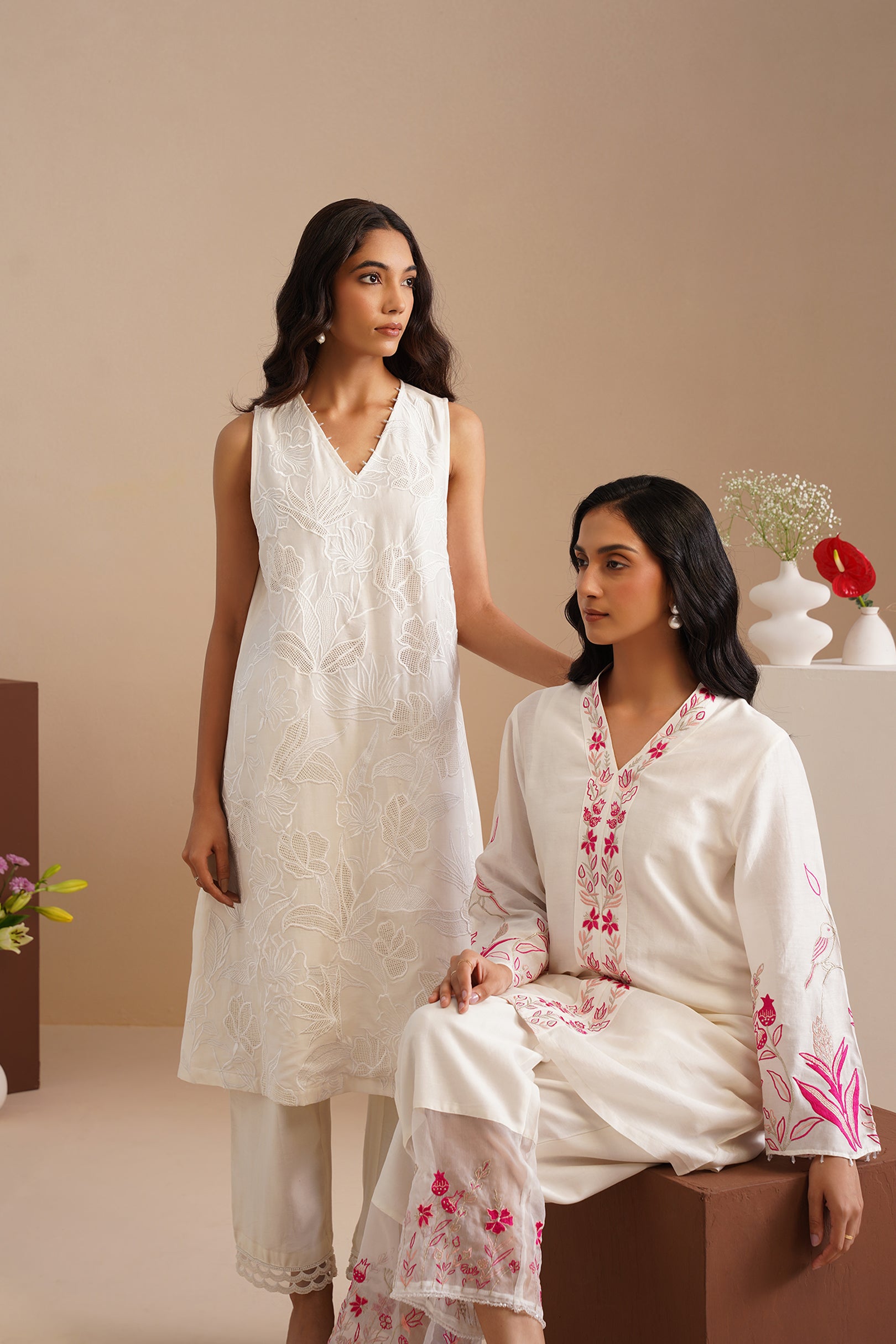 V-neck Embellished Bell Sleeve Kurta with Embroidered Pants