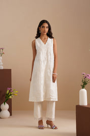 V-Neck Mesh insert Kurta with Pants