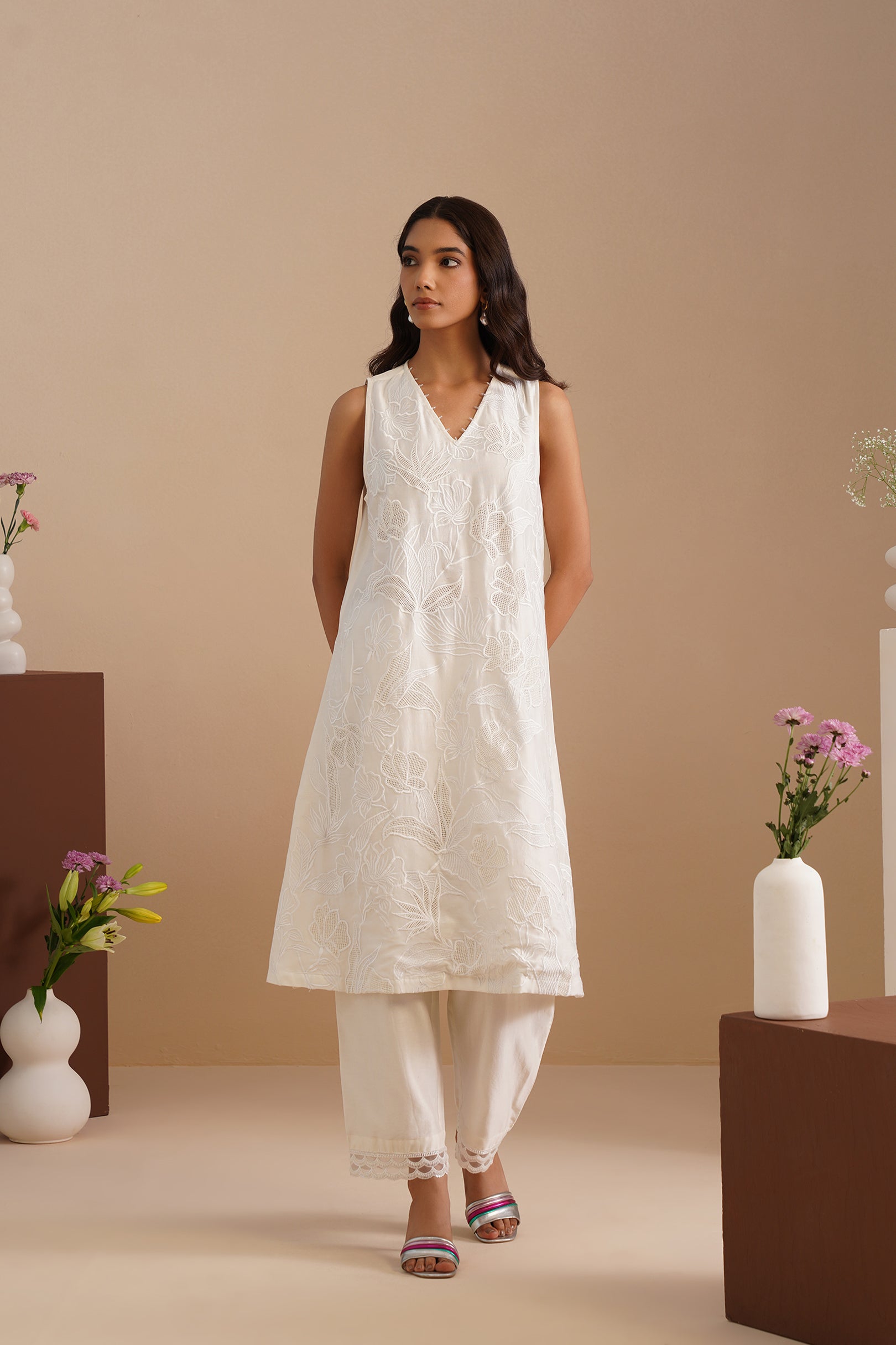 V-Neck Mesh insert Kurta with Pants