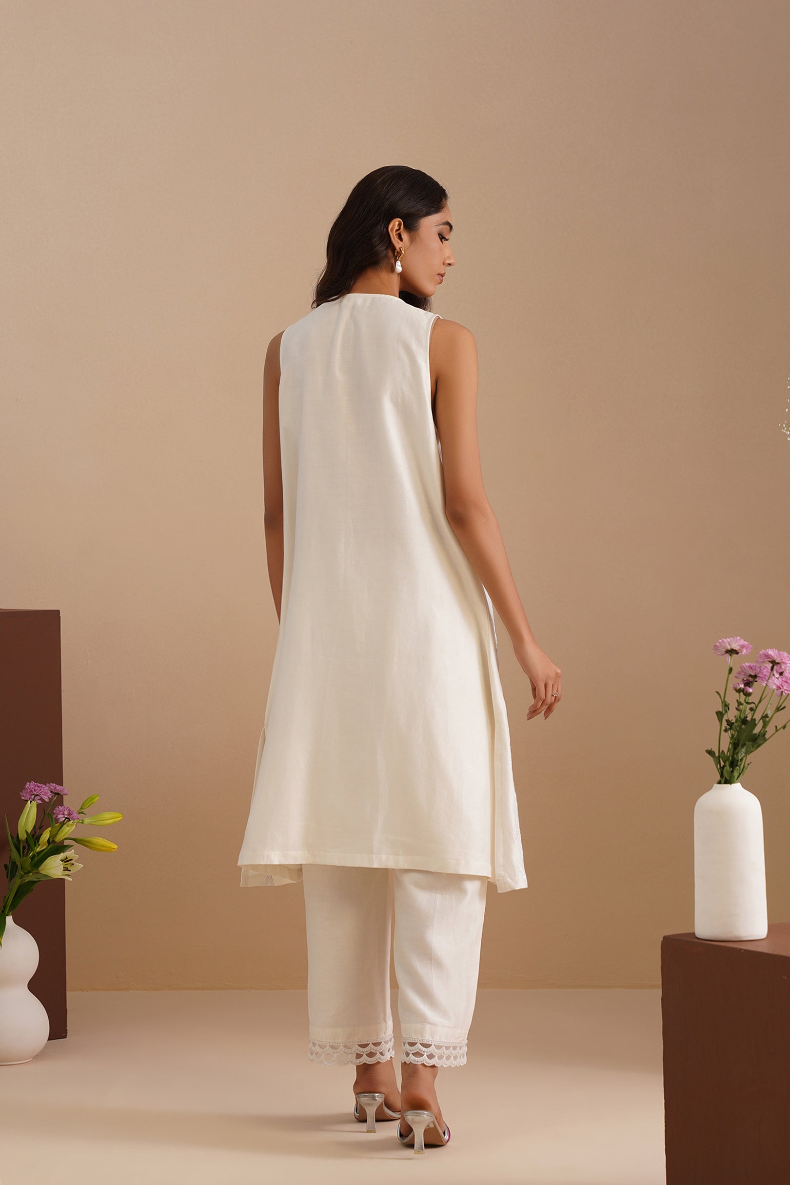 V-Neck Mesh insert Kurta with Pants