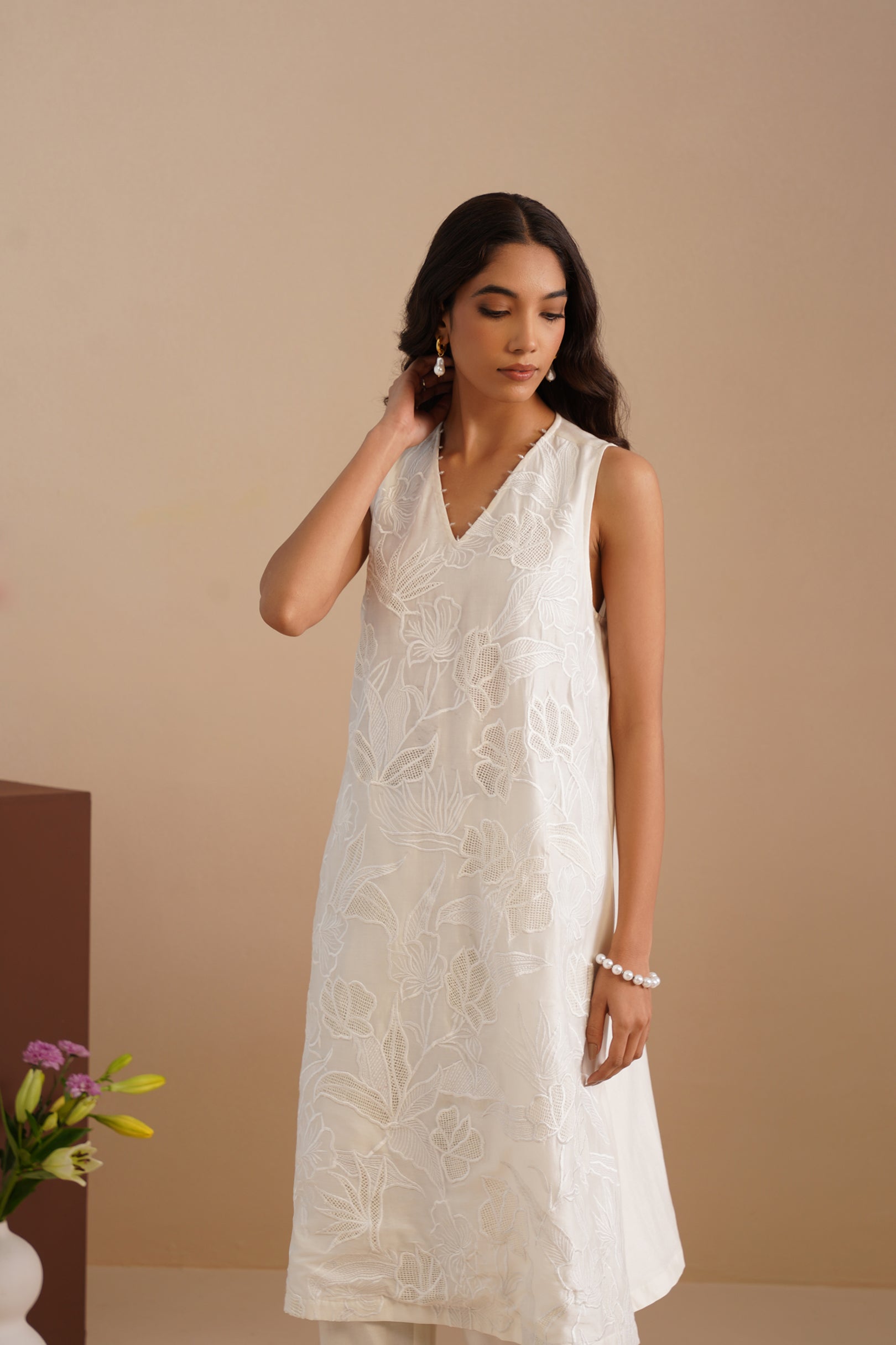 V-Neck Mesh insert Kurta with Pants