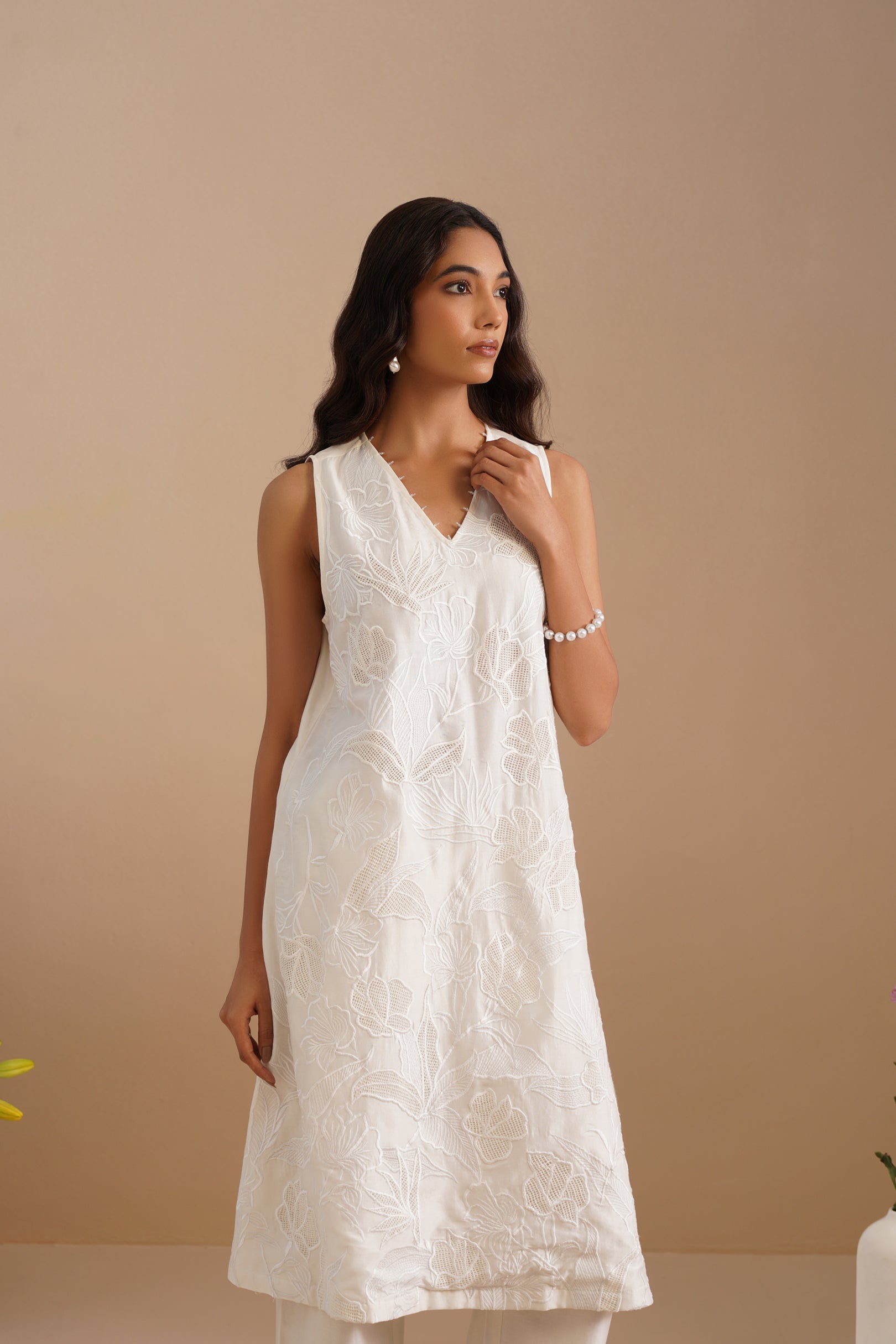 V-Neck Mesh insert Kurta with Pants