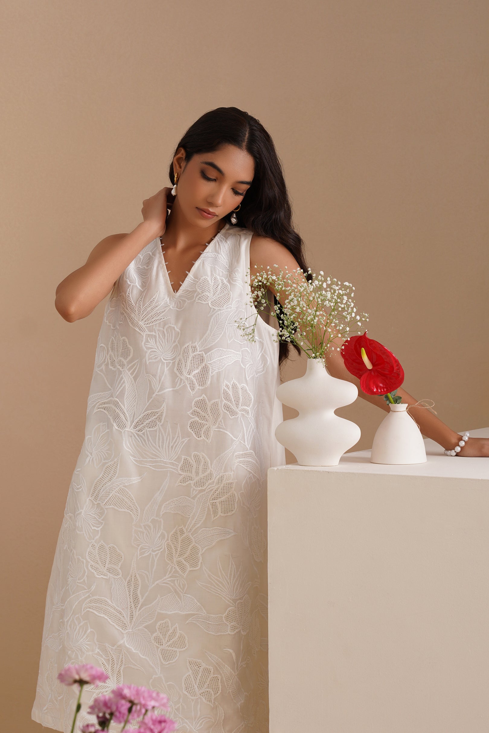 V-Neck Mesh insert Kurta with Pants