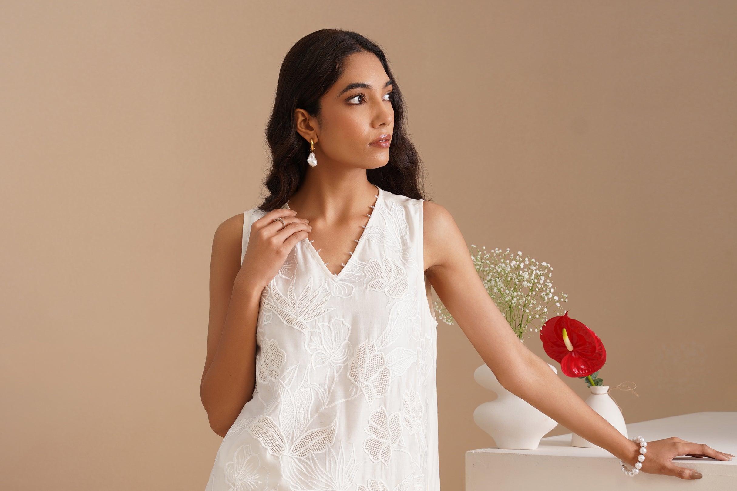 V-Neck Mesh insert Kurta with Pants