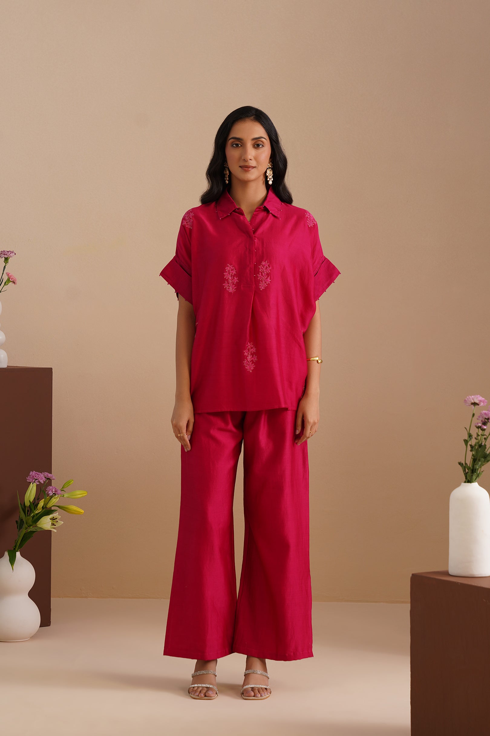Drop Shoulder V-Neck Chanderi Shirt & Pant Set