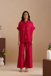 Drop Shoulder V-Neck Chanderi Shirt & Pant Set