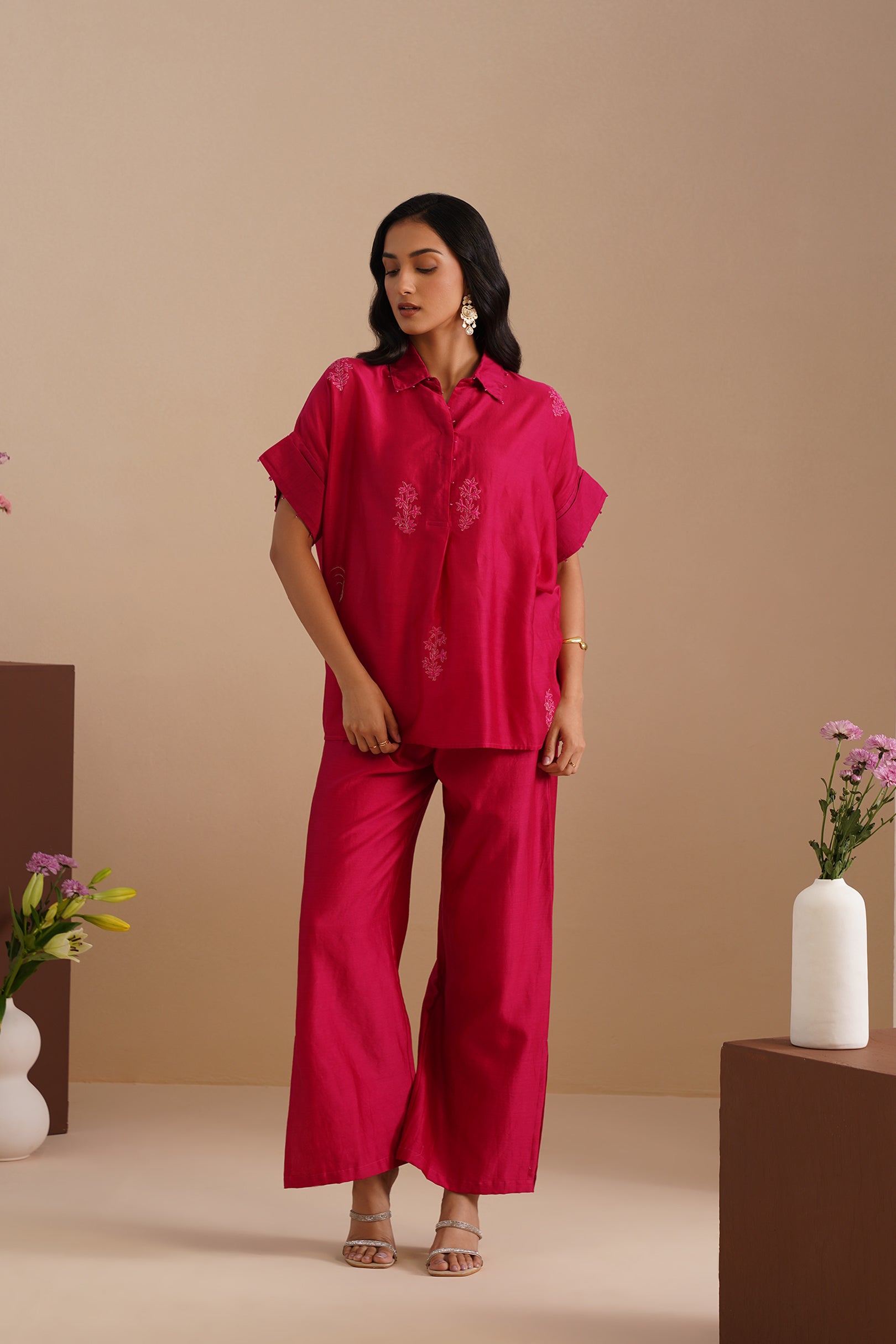 Drop Shoulder V-Neck Chanderi Shirt & Pant Set
