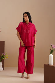 Drop Shoulder V-Neck Chanderi Shirt & Pant Set