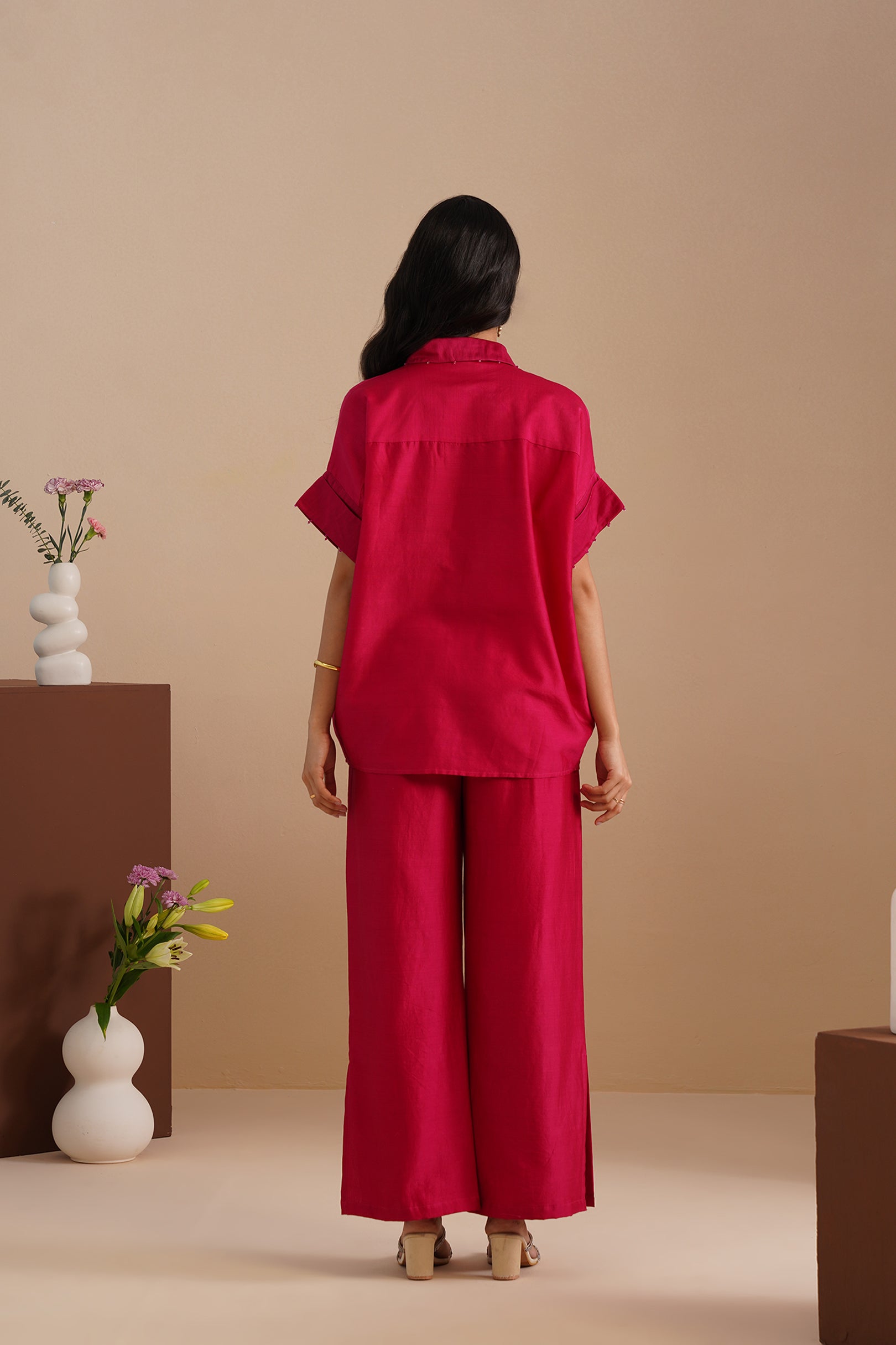 Drop Shoulder V-Neck Chanderi Shirt & Pant Set
