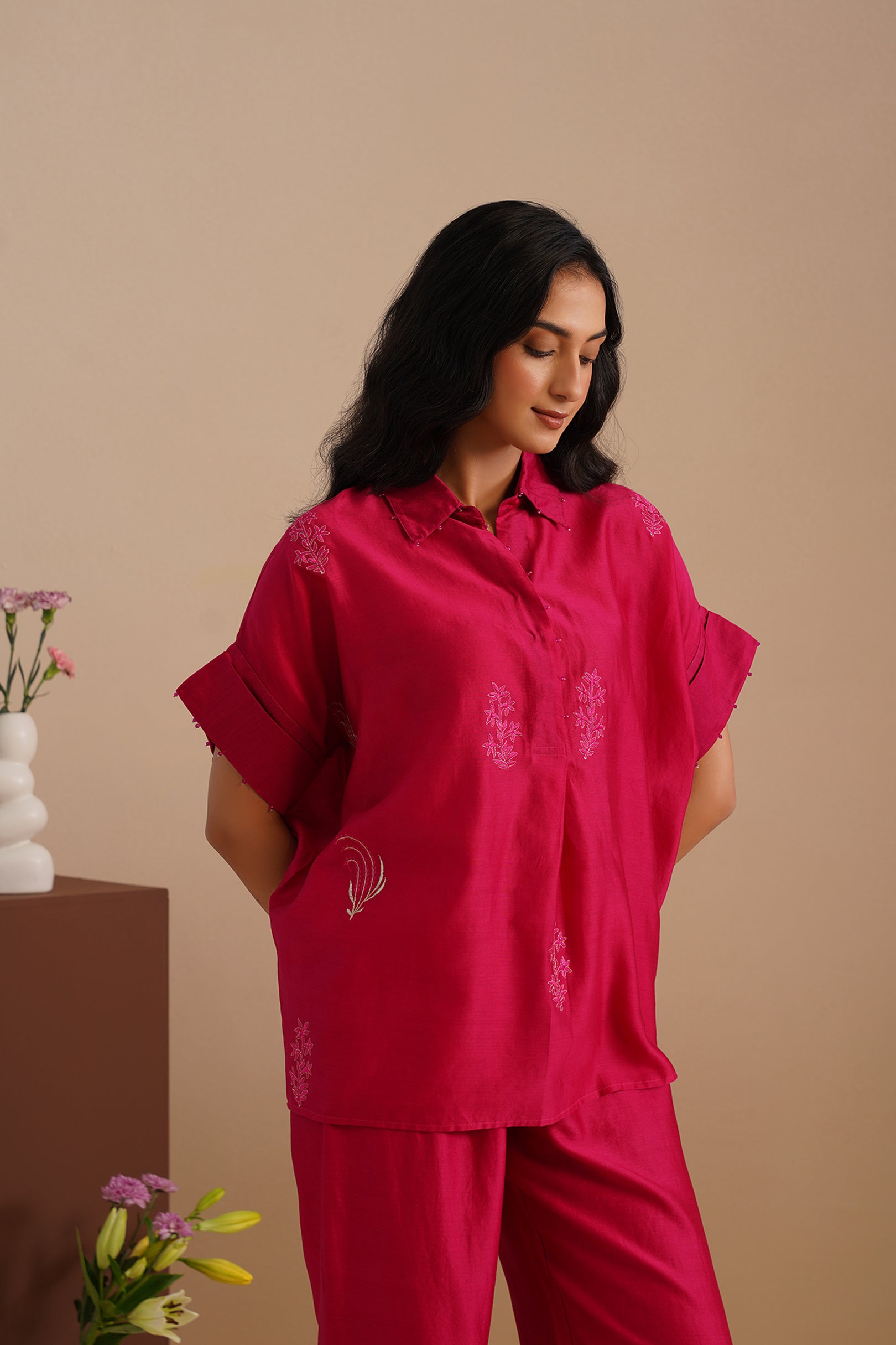 Drop Shoulder V-Neck Chanderi Shirt & Pant Set