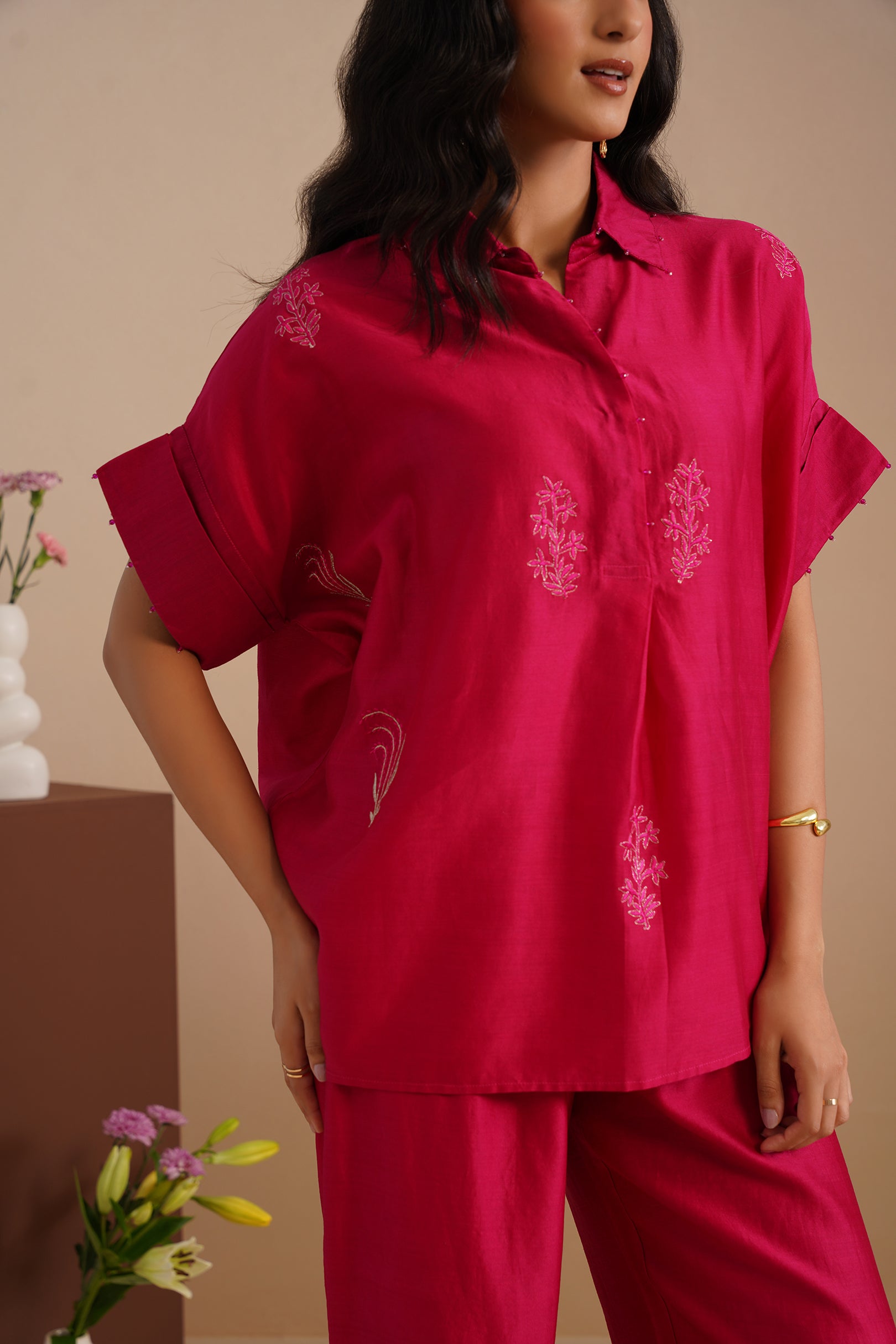 Drop Shoulder V-Neck Chanderi Shirt & Pant Set