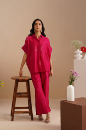 Drop Shoulder V-Neck Chanderi Shirt & Pant Set