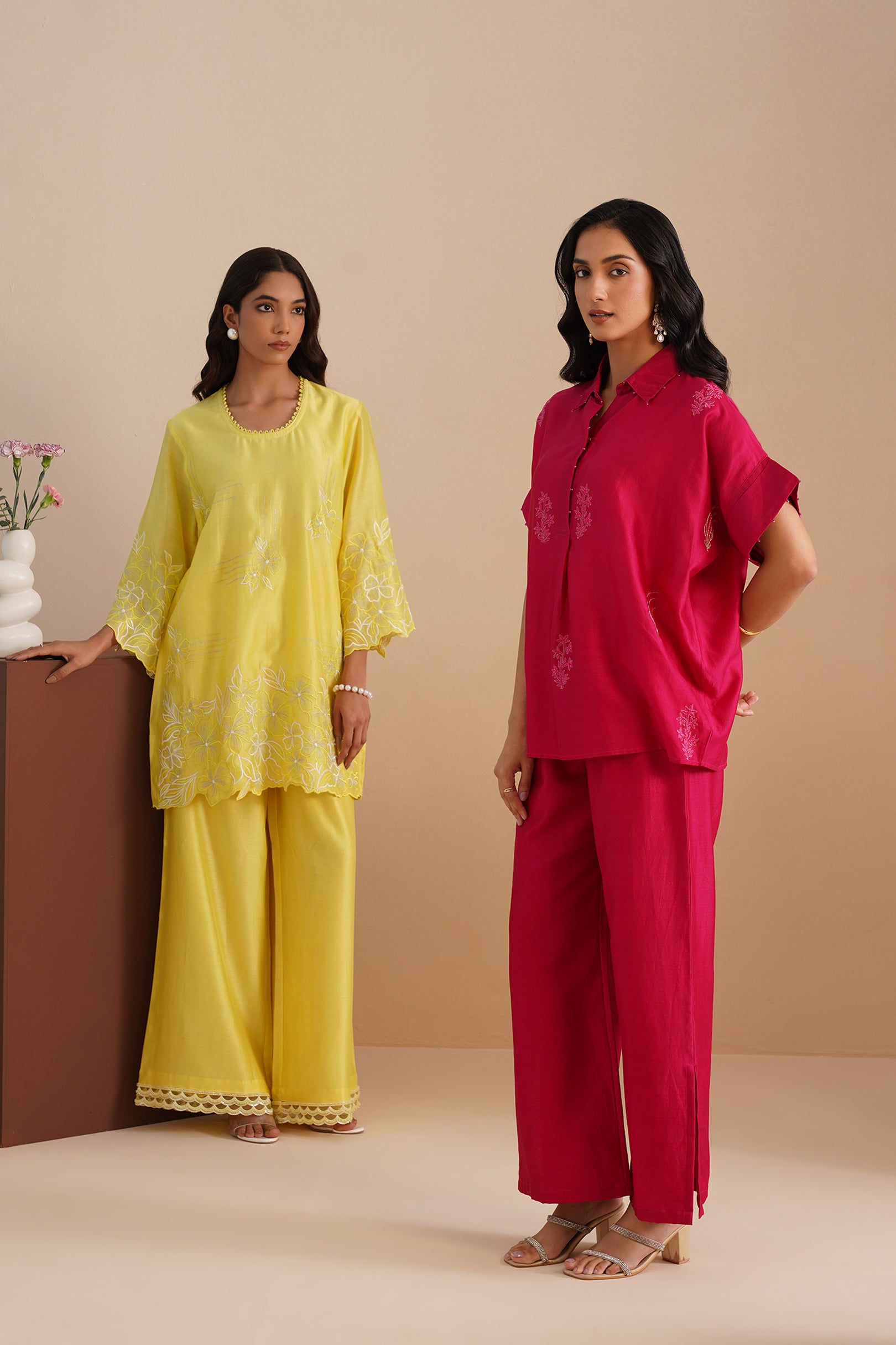 Drop Shoulder V-Neck Chanderi Shirt & Pant Set