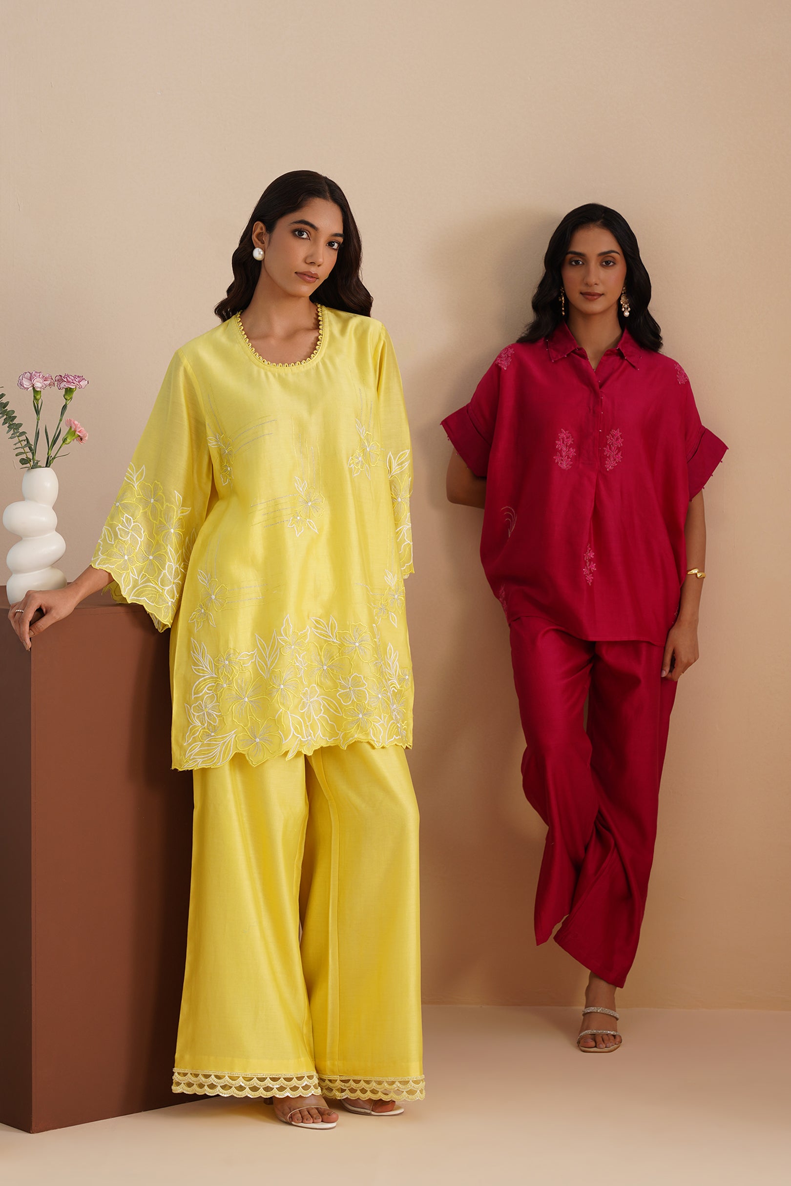 Drop Shoulder V-Neck Chanderi Shirt & Pant Set