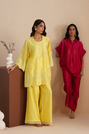 Drop Shoulder V-Neck Chanderi Shirt & Pant Set