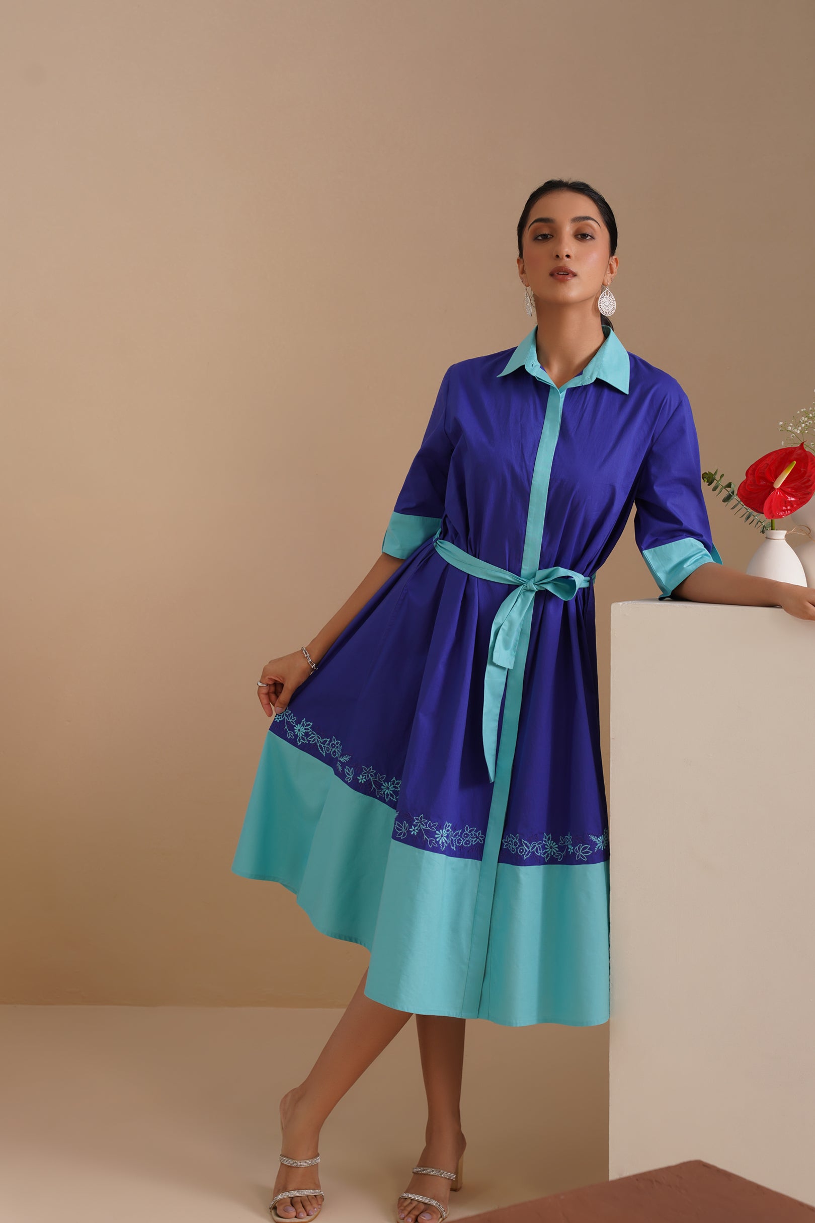 Dual Color Poplin Shirt Dress