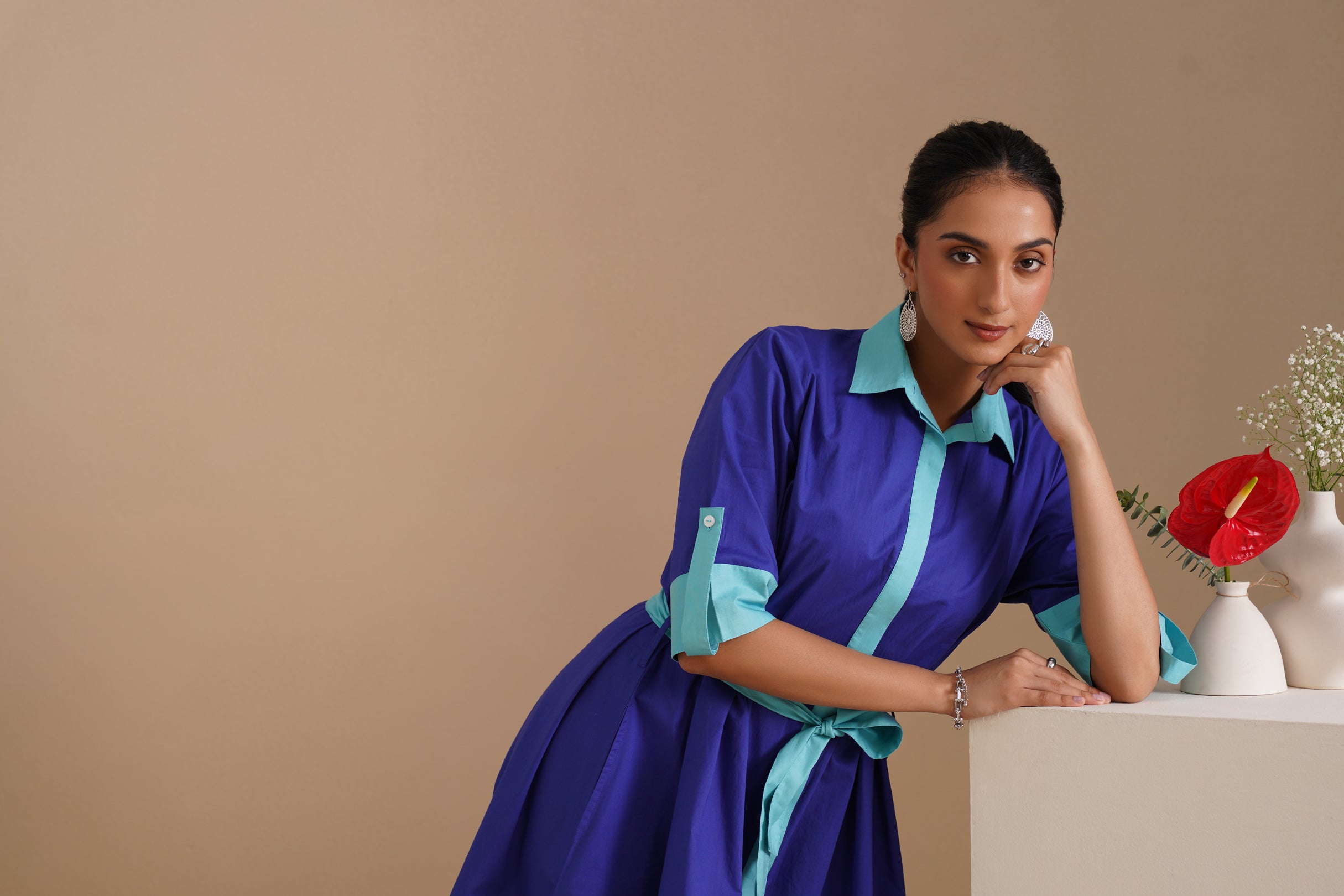 Dual Color Poplin Shirt Dress