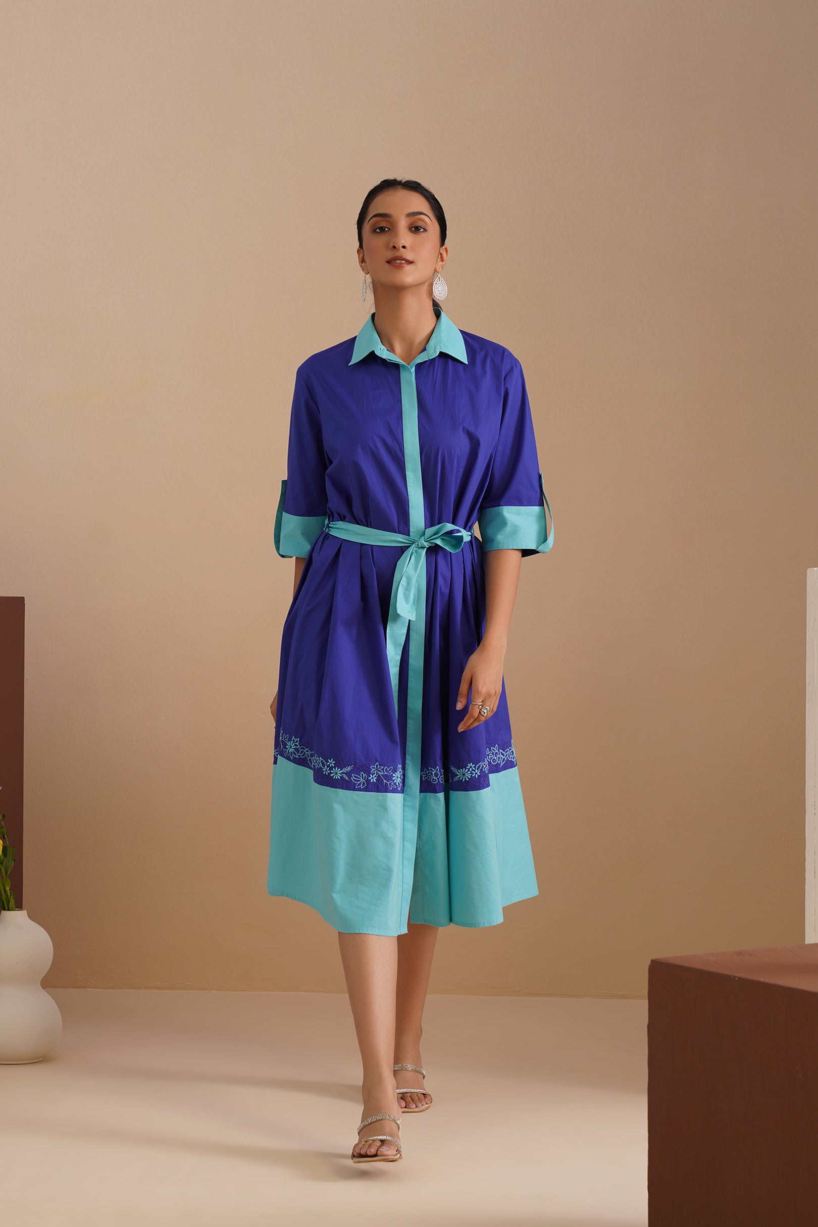 Dual Color Poplin Shirt Dress