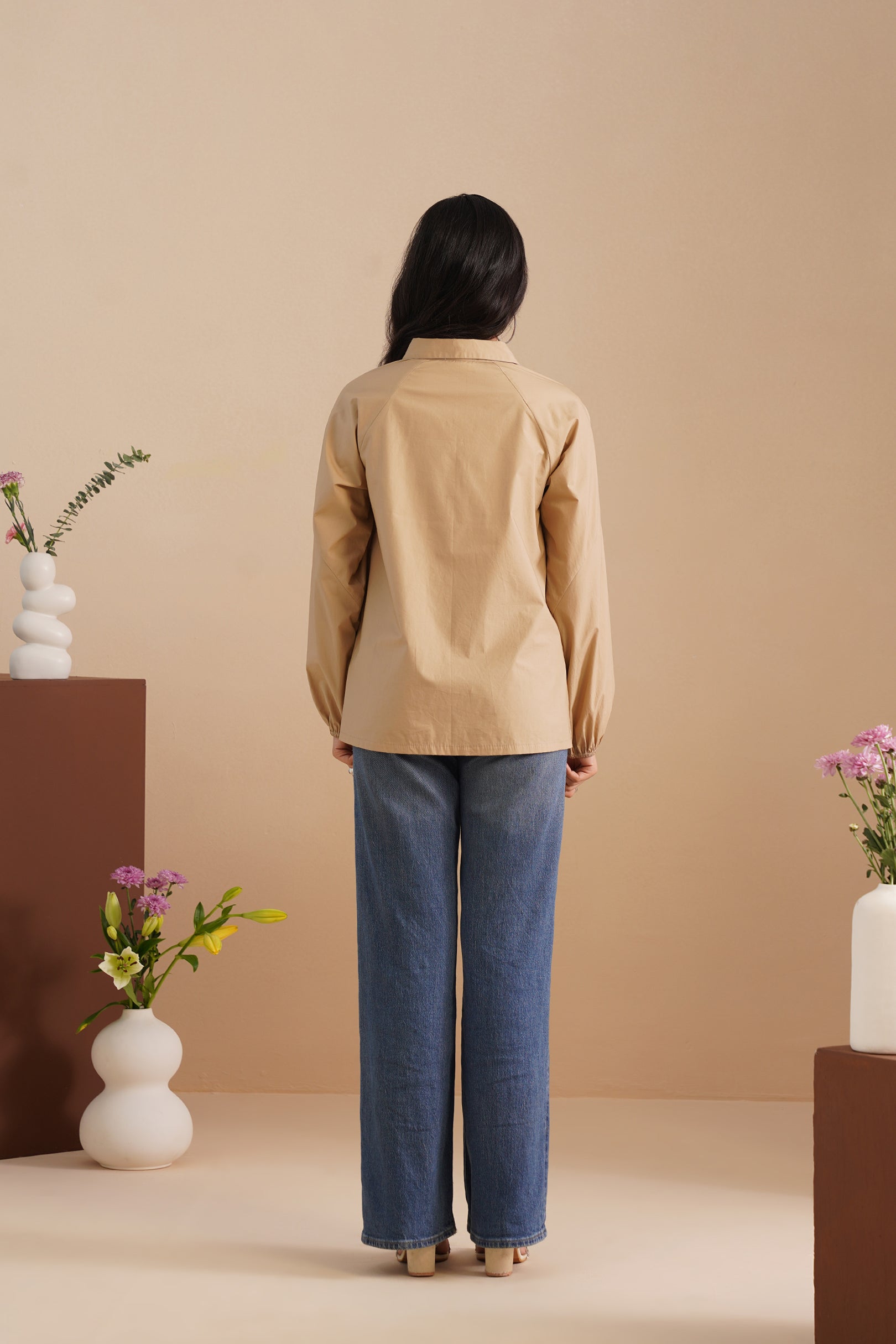 Raglan Sleeve Poplin Shirt With Embroidered Motifs