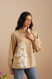 Raglan Sleeve Poplin Shirt With Embroidered Motifs