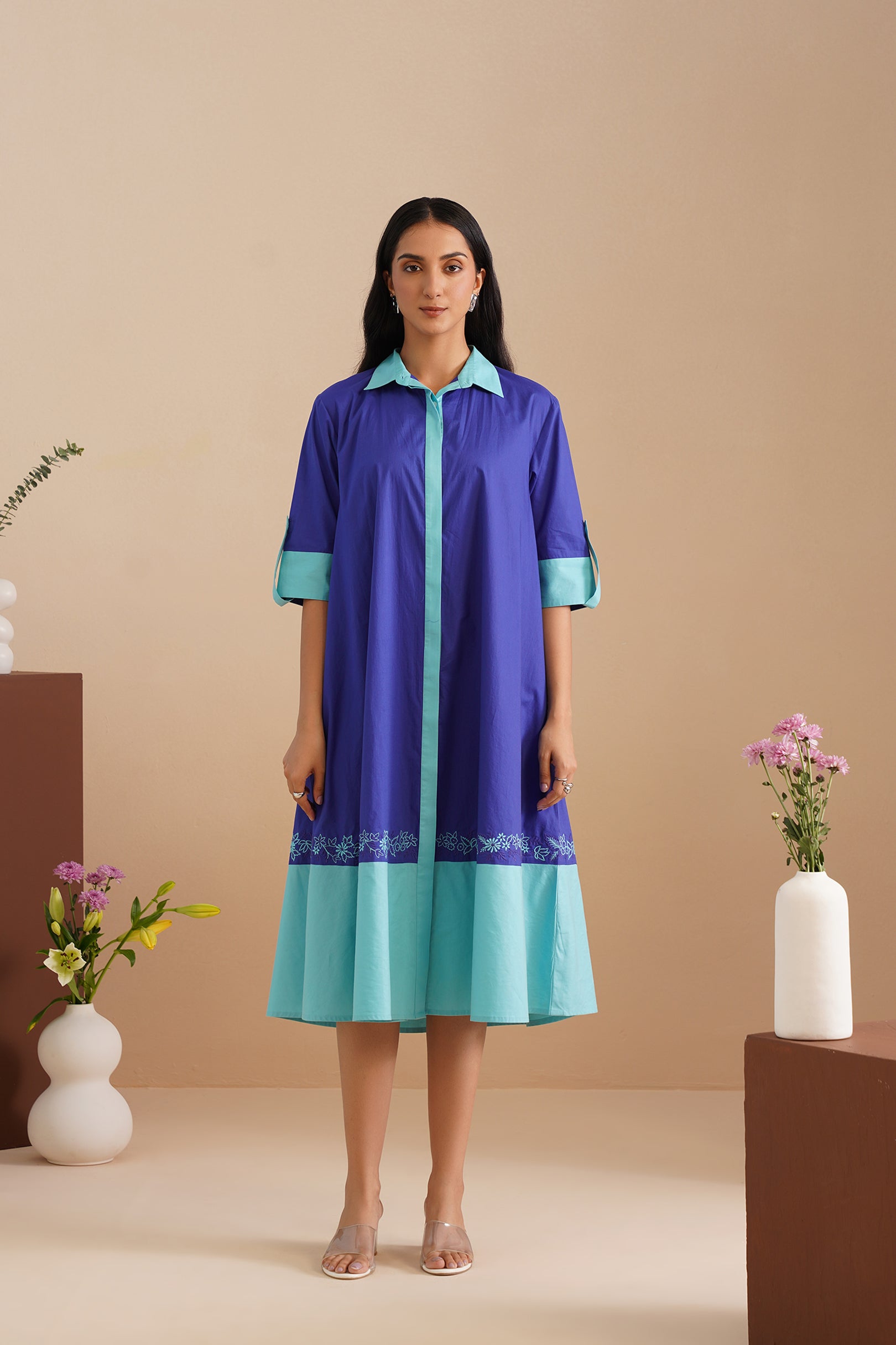 Dual Color Poplin Shirt Dress