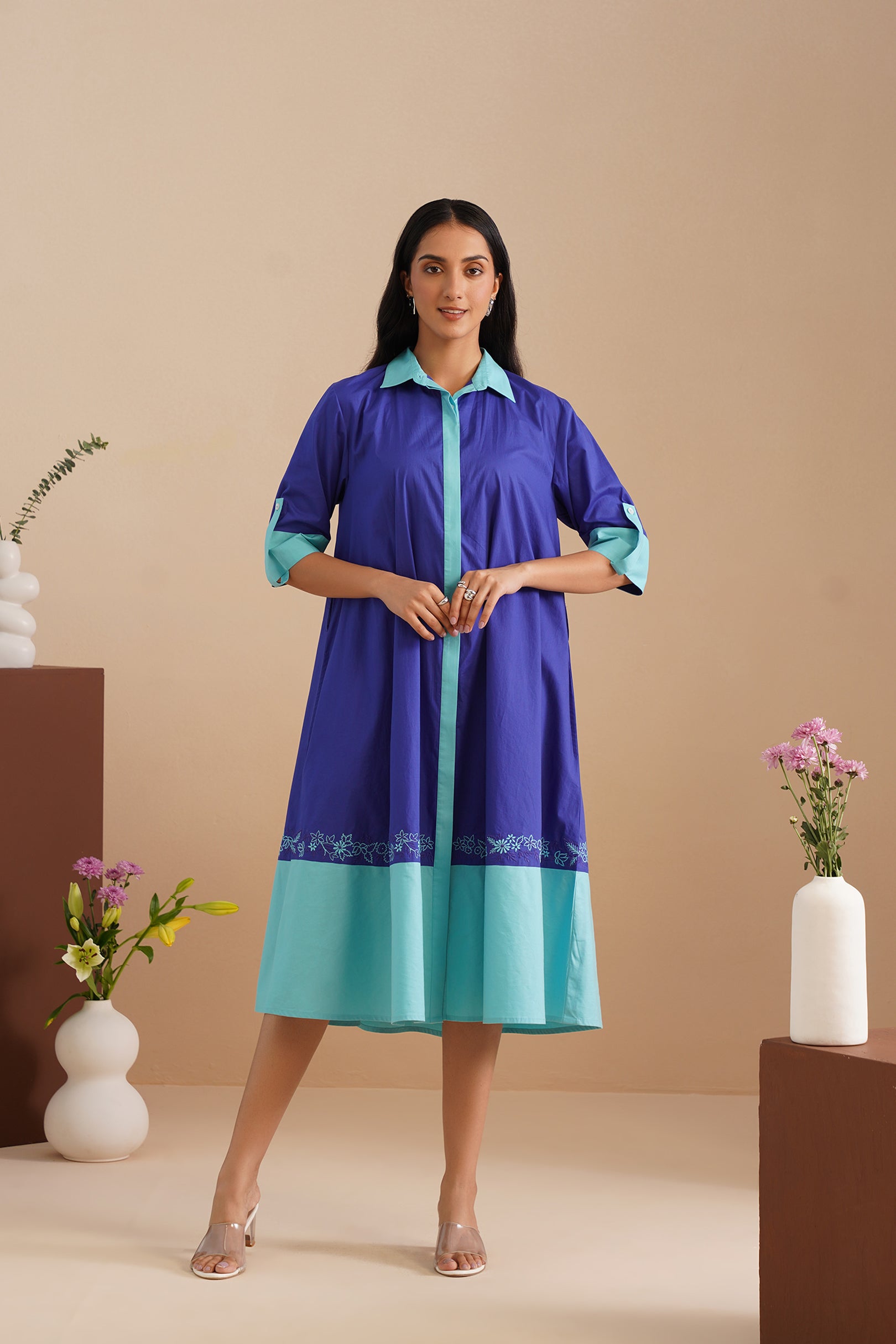 Dual Color Poplin Shirt Dress
