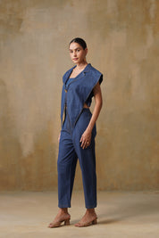 Denim Wide Shoulder Vest Paired With Denim Pants