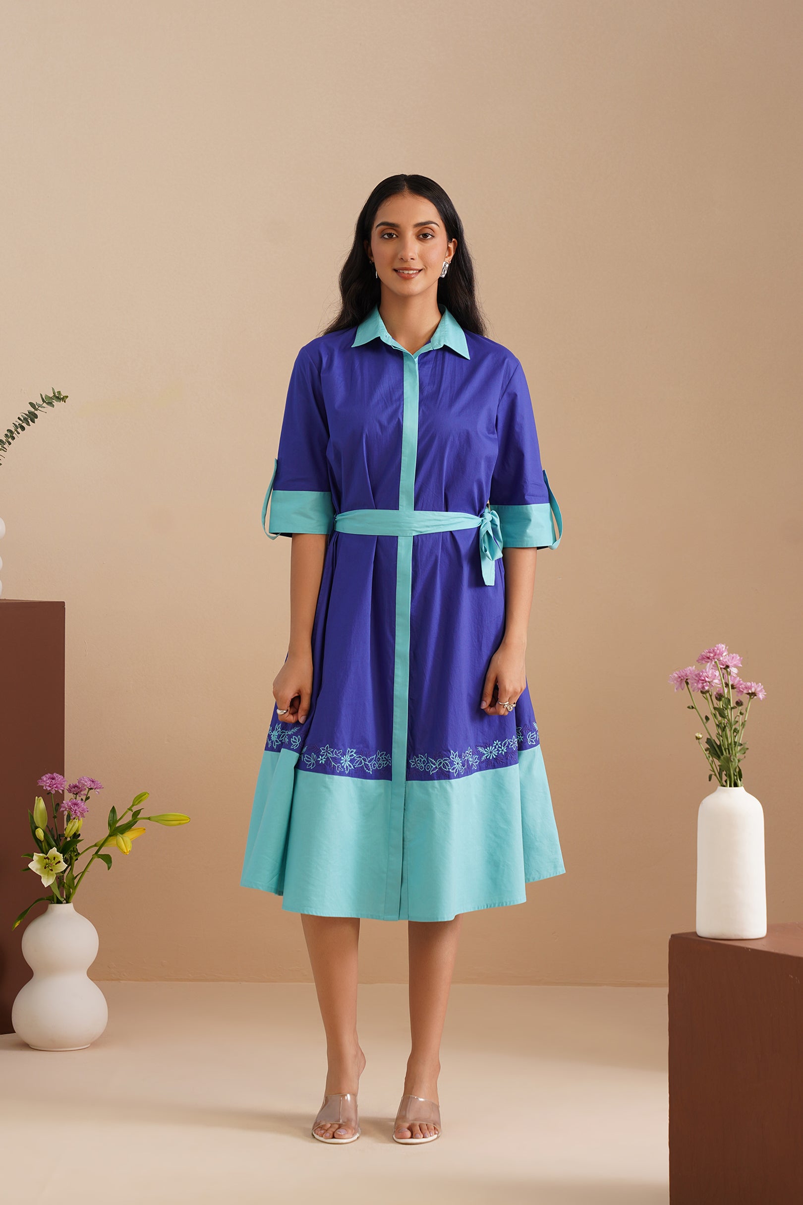 Dual Color Poplin Shirt Dress