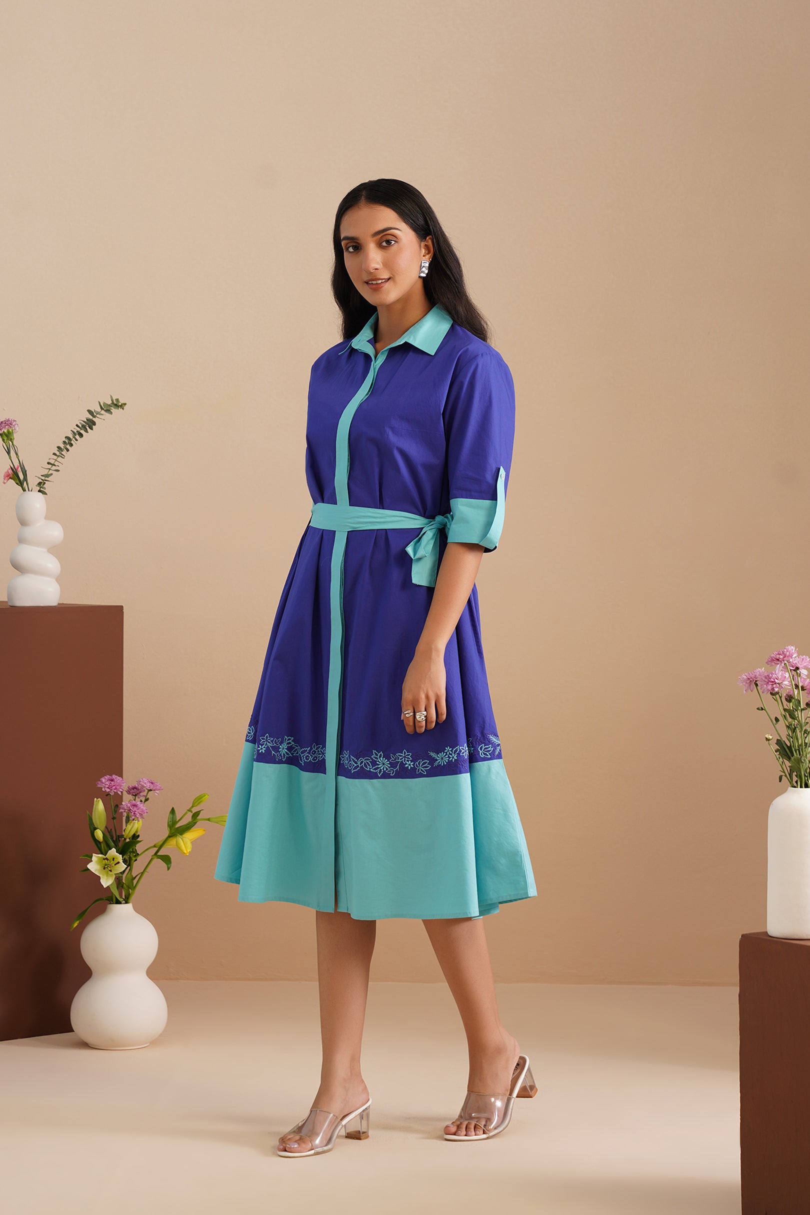 Dual Color Poplin Shirt Dress