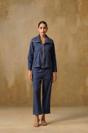 Pleated Wide Collar Denim Set
