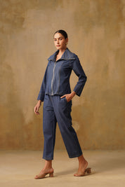Pleated Wide Collar Denim Set