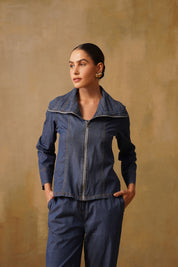 Pleated Wide Collar Denim Set