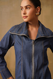 Pleated Wide Collar Denim Set