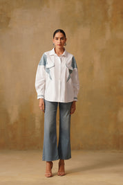 Oversized Cotton Shirt With Denim Inserts