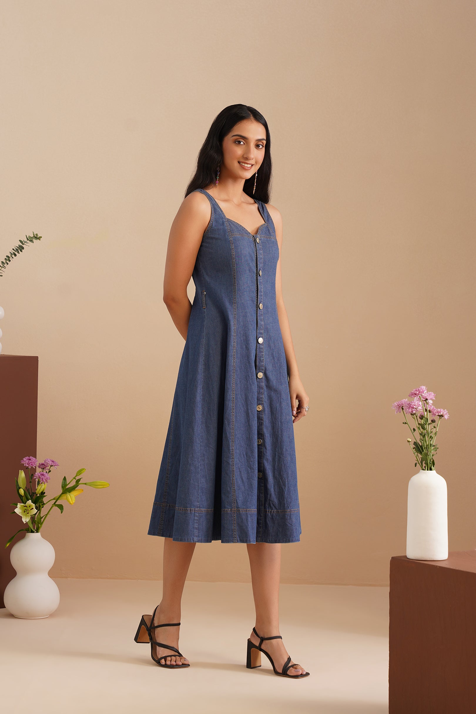 Denim Sweetheart Neck  Dress