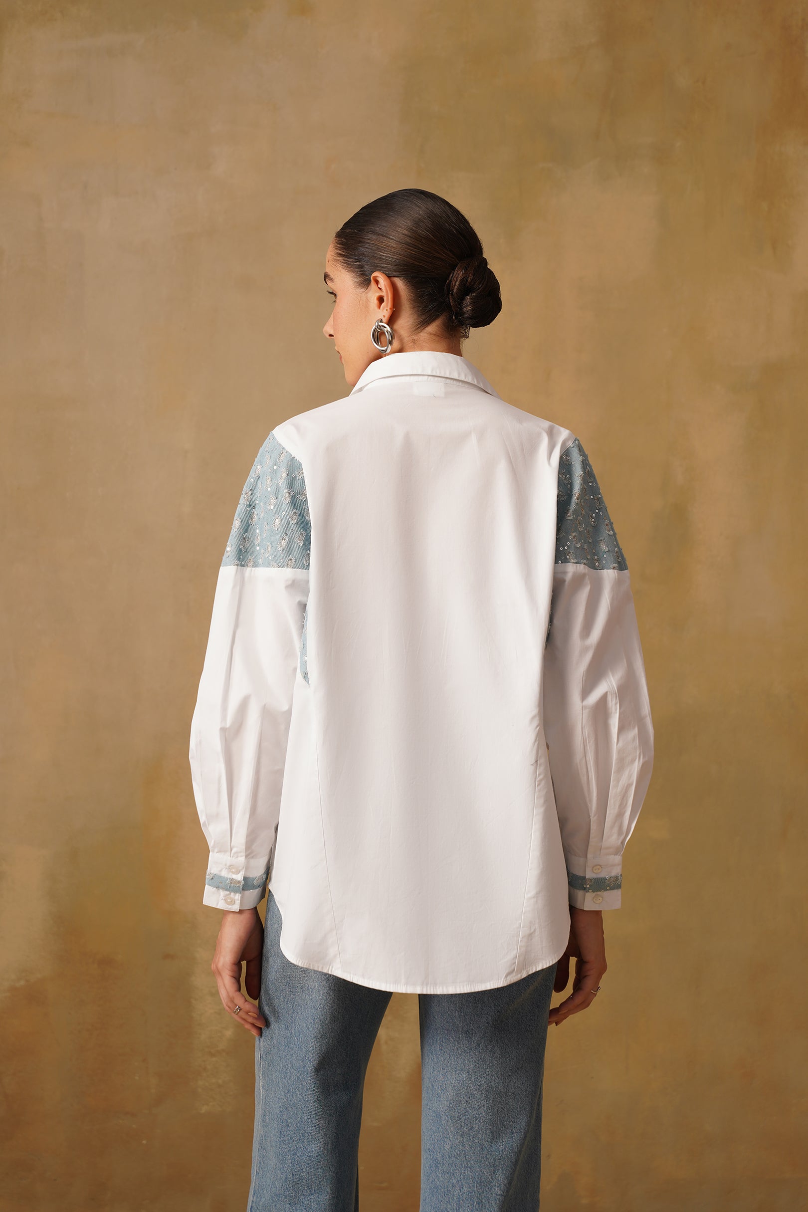 Oversized Cotton Shirt With Denim Inserts