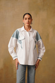 Oversized Cotton Shirt With Denim Inserts