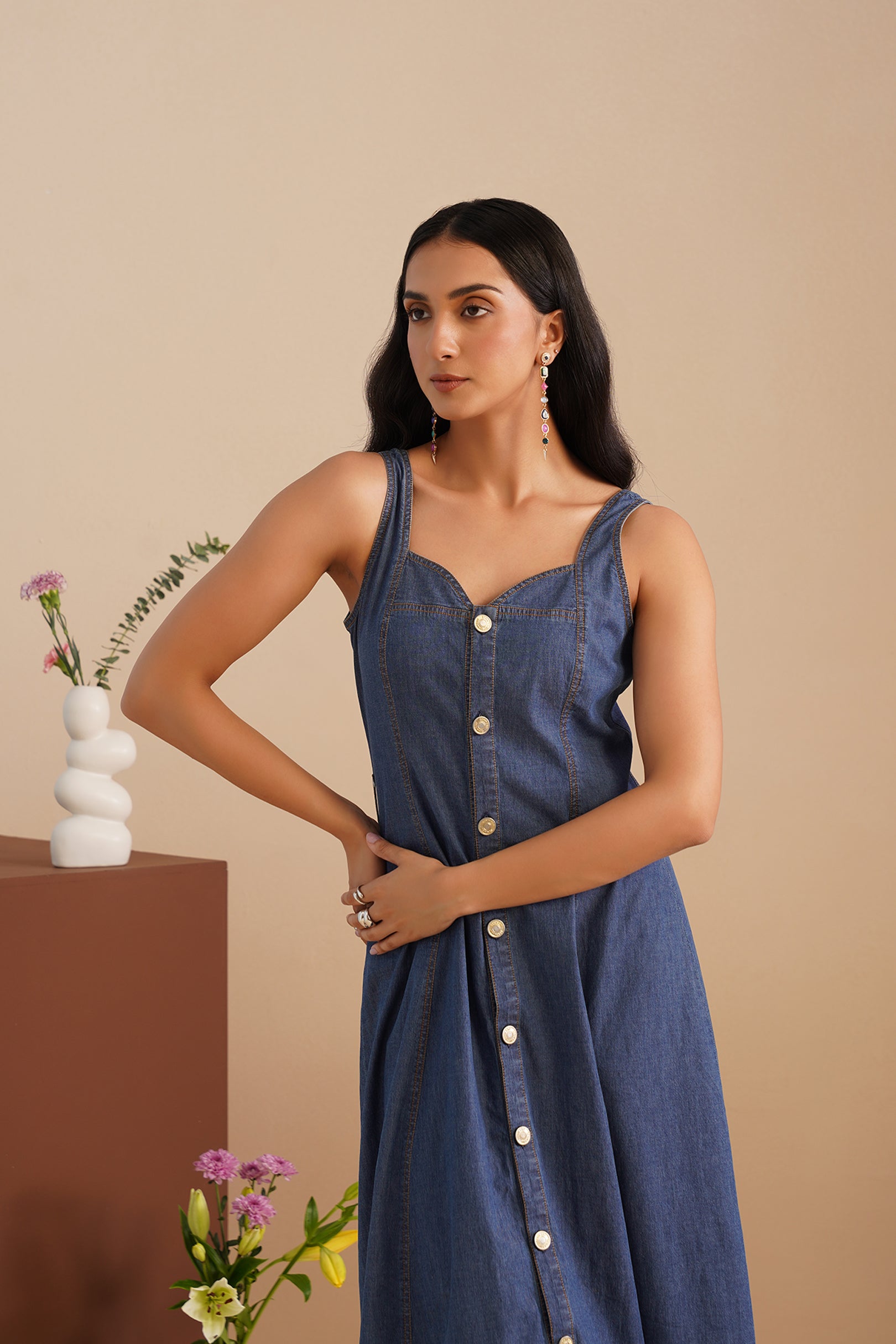 Denim Sweetheart Neck  Dress