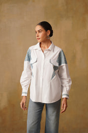 Oversized Cotton Shirt With Denim Inserts
