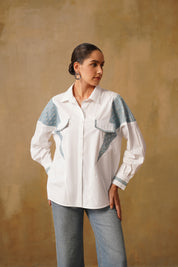 Oversized Cotton Shirt With Denim Inserts