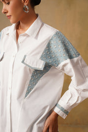 Oversized Cotton Shirt With Denim Inserts