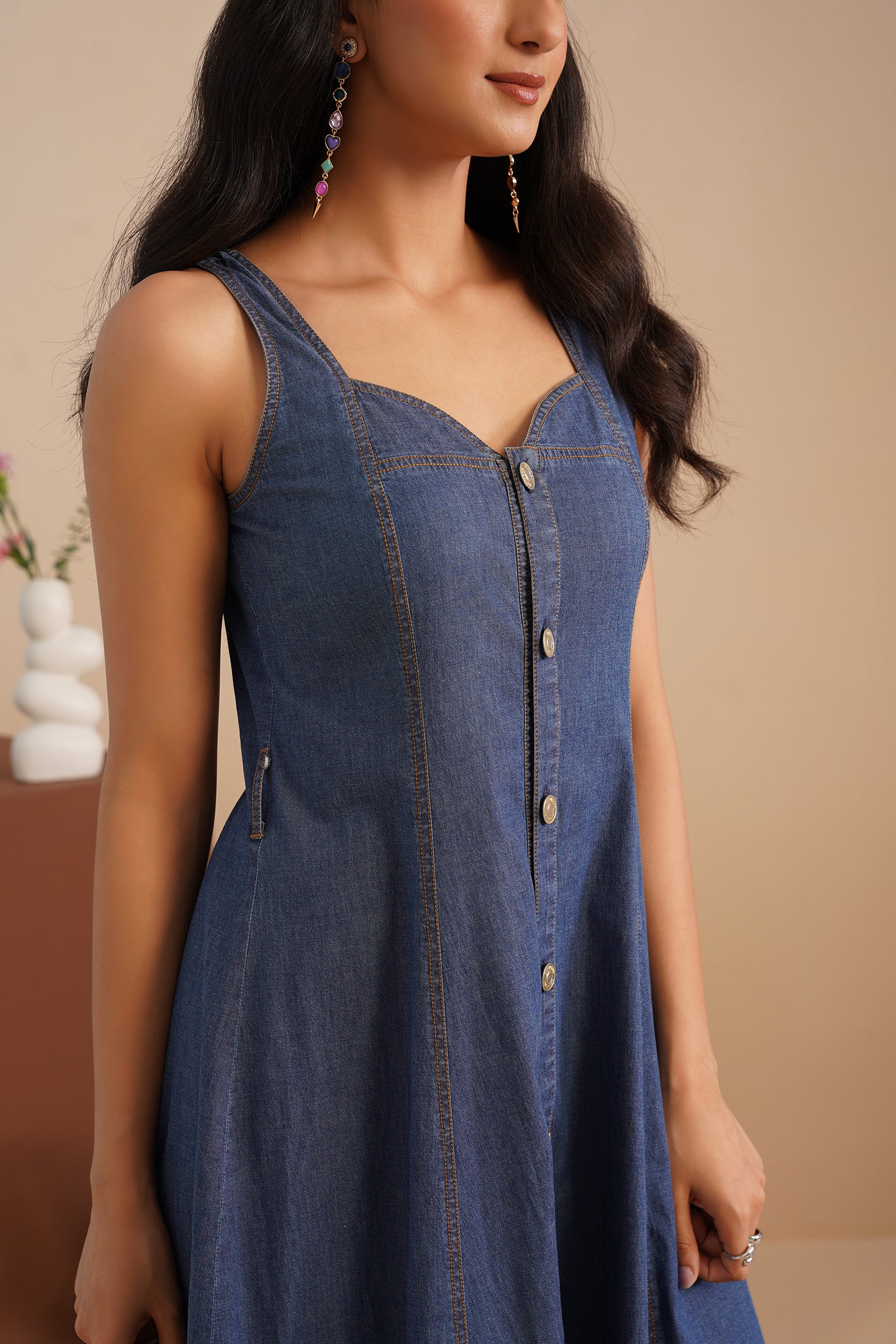 Denim Sweetheart Neck  Dress