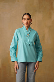 Poplin Neck Tie Top With Buckle