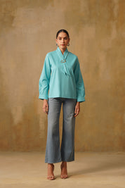 Poplin Neck Tie Top With Buckle