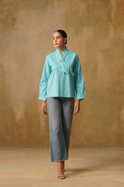 Poplin Neck Tie Top With Buckle