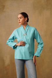 Poplin Neck Tie Top With Buckle